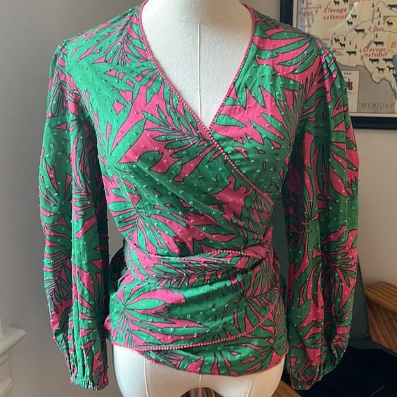 NWOT cotton tropical palm print wrap blouse - Picture 6 of 9